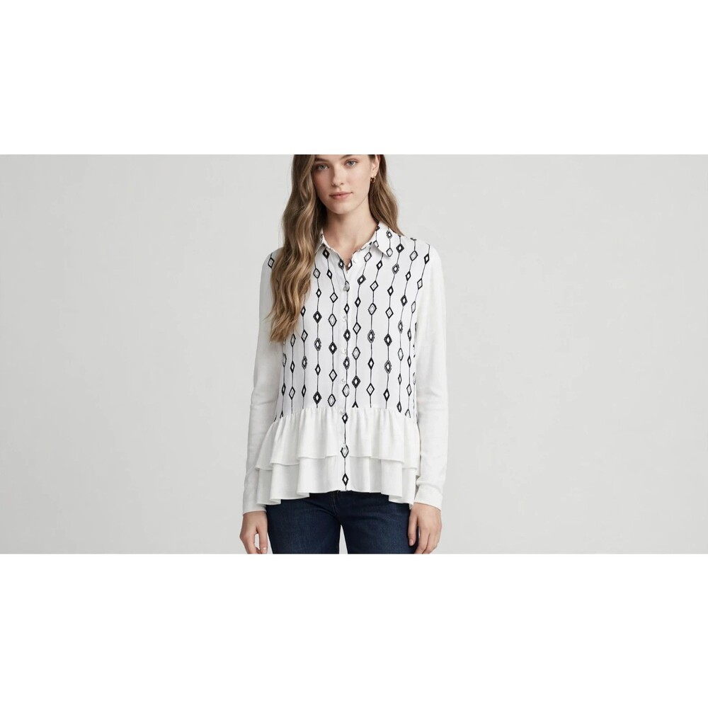 Chico's White Diamond Print Tunic Top Womens M Long Sleeve Button Front NWT